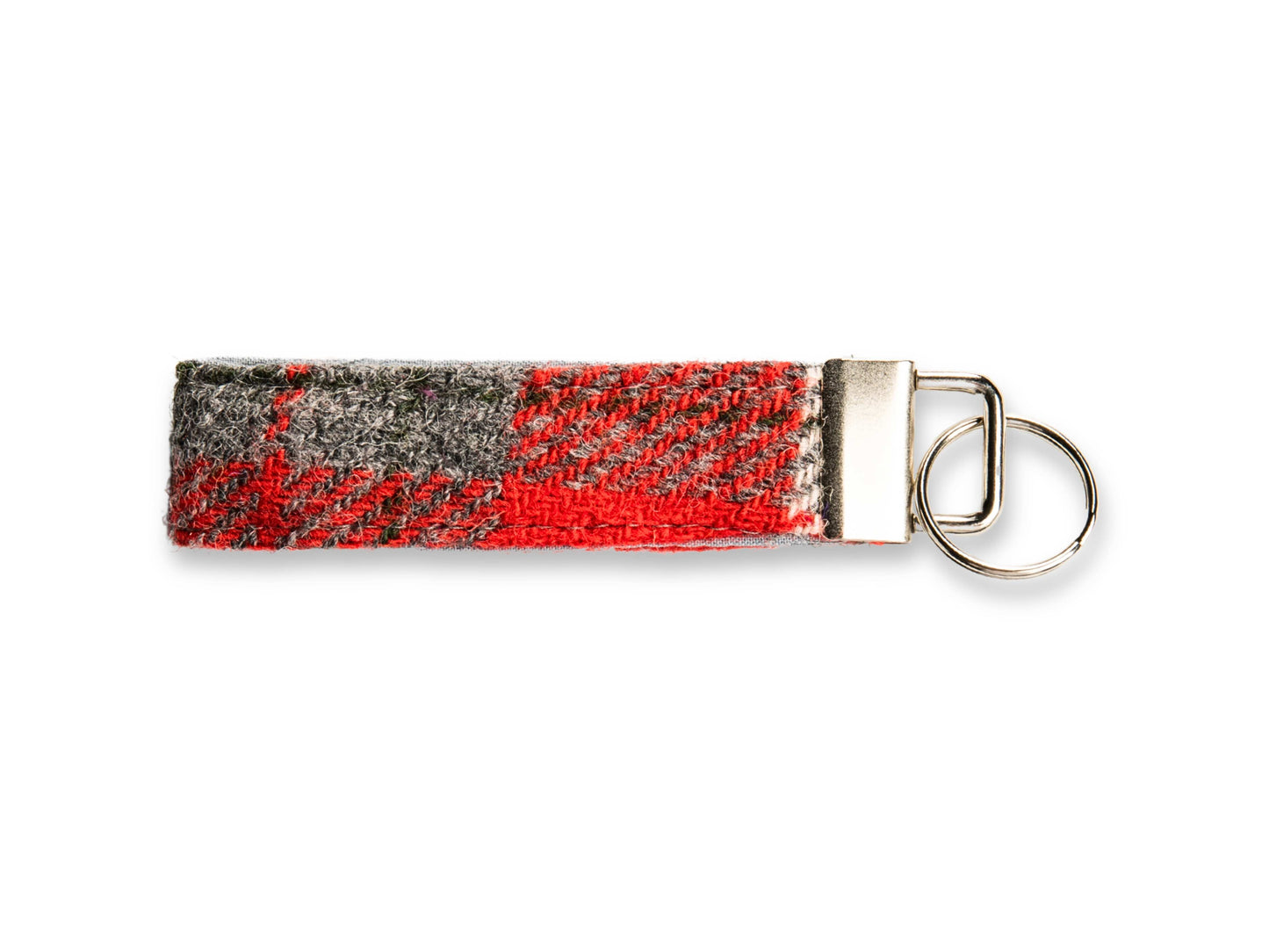 Red and grey check Harris Tweed keyring with silver key fob and cotton lining