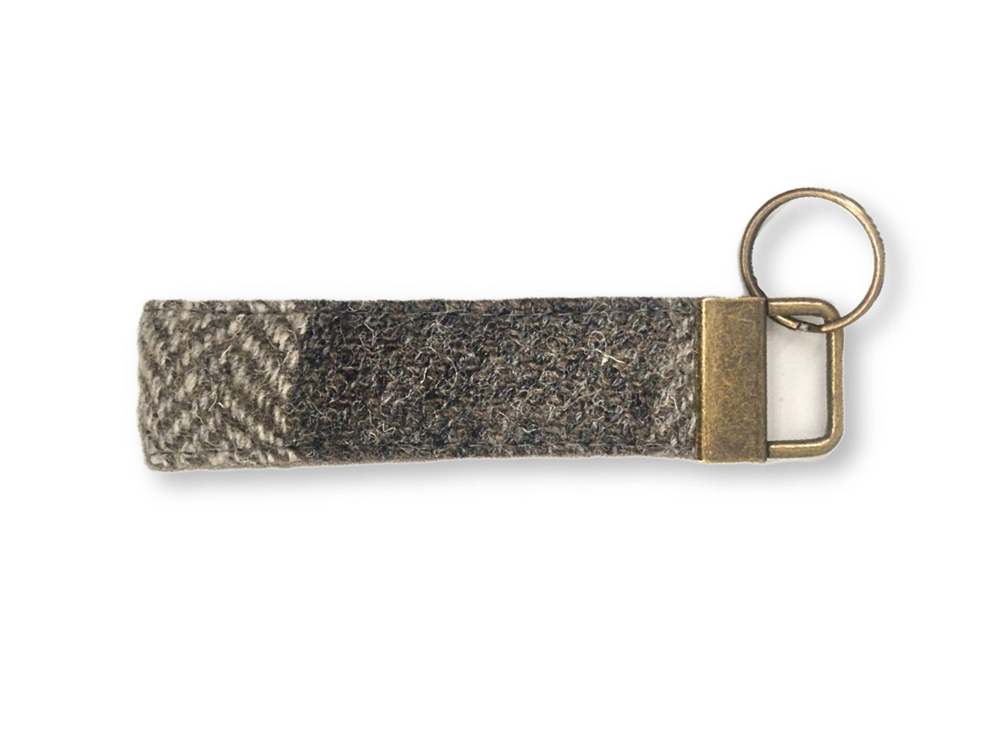 Stone Check Harris Tweed keyring with silver key fob and soft cotton lining