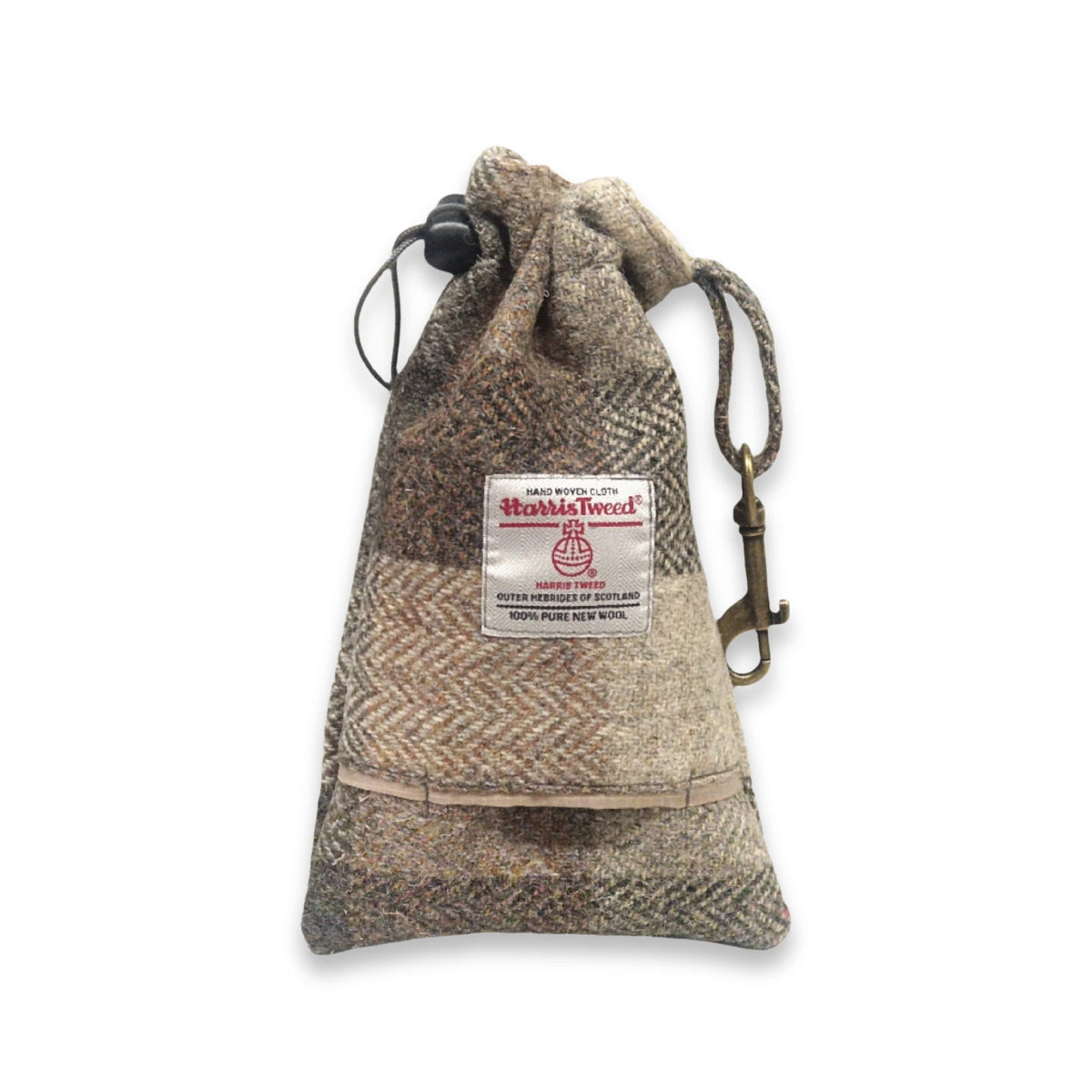 Herringbone drawstring dog treat pouch with a label on a white background