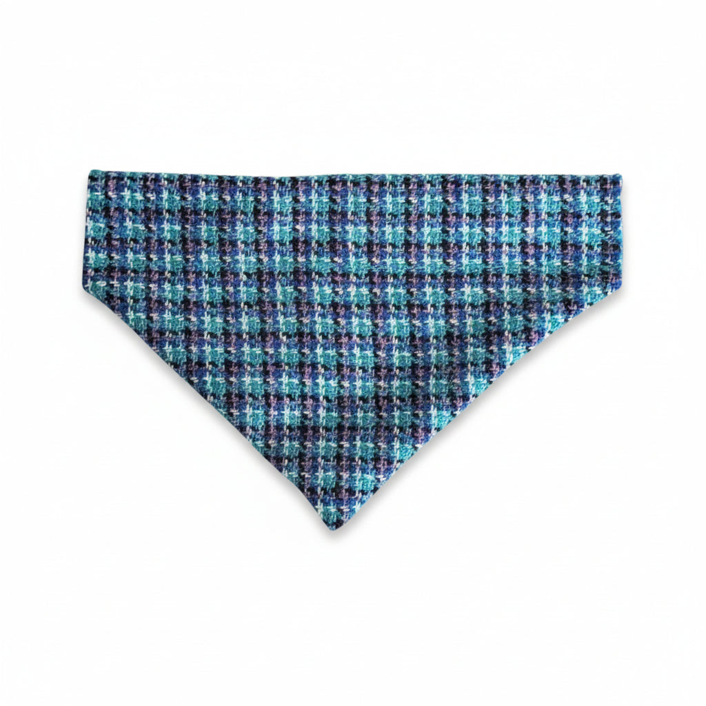 Teal, lilac and black check Harris Tweed dog bandana