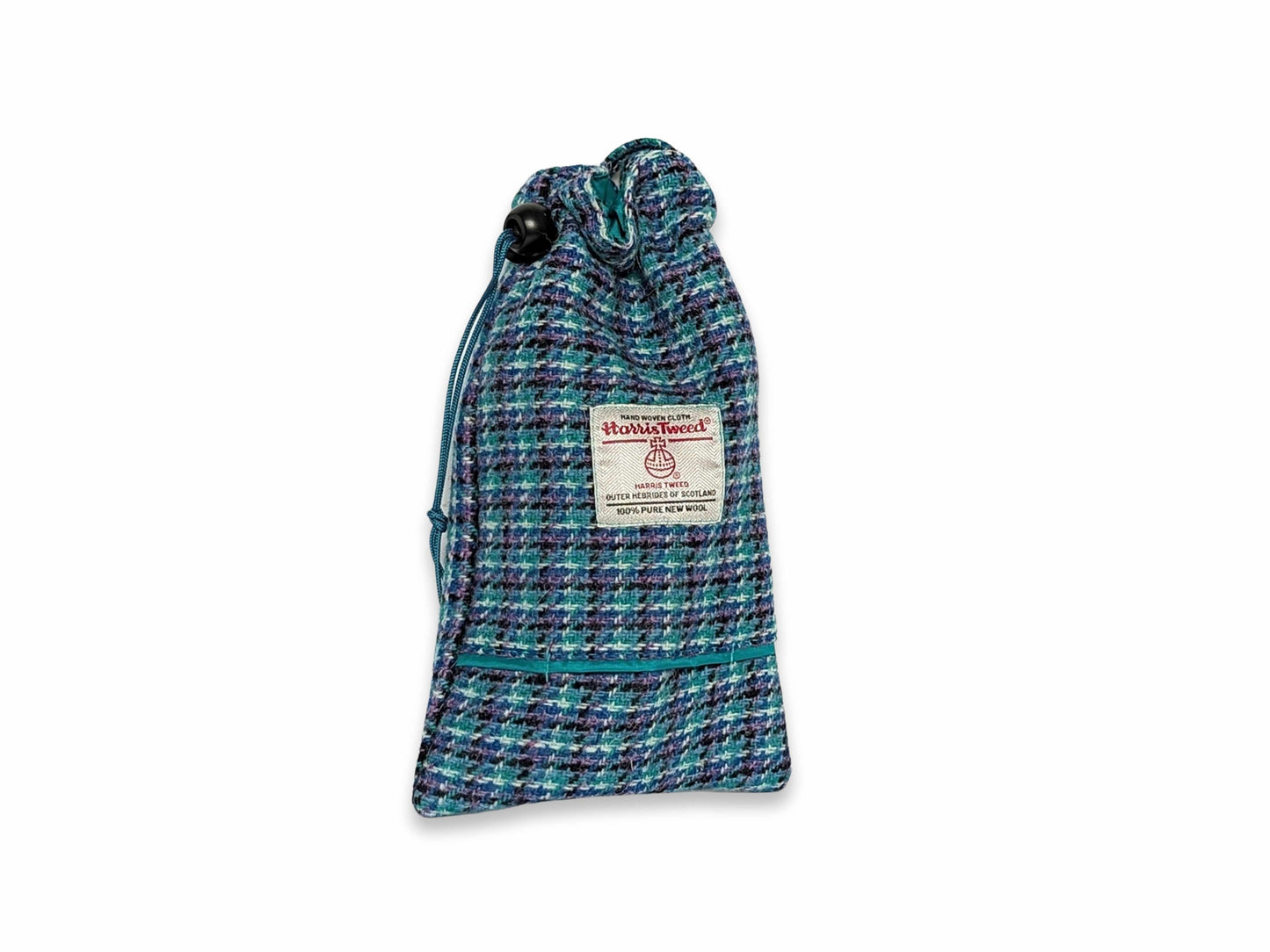 Teal lilac and black check Harris Tweed dog treat bag with dispenser