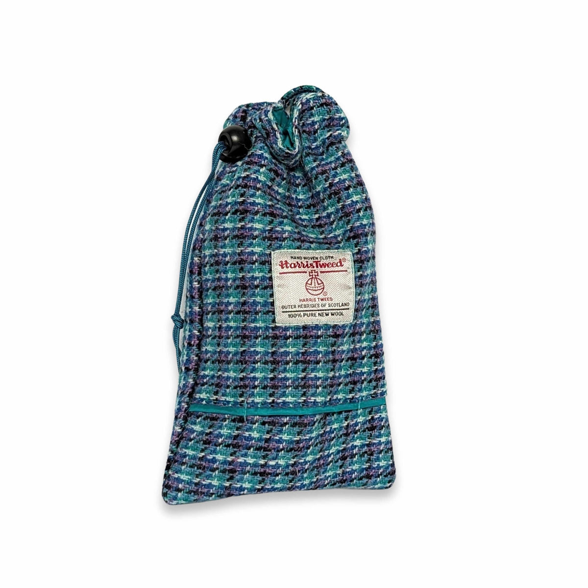 Teal lila und schwarz Check Harris Tweed Hund Leckerli Tasche mit Spender