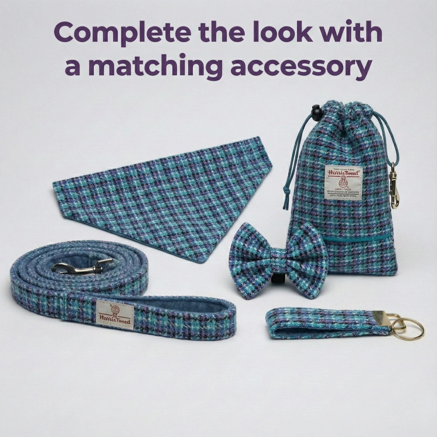 Dog accessory set including collar, leash, bow tie, and pouch on a light gray background.