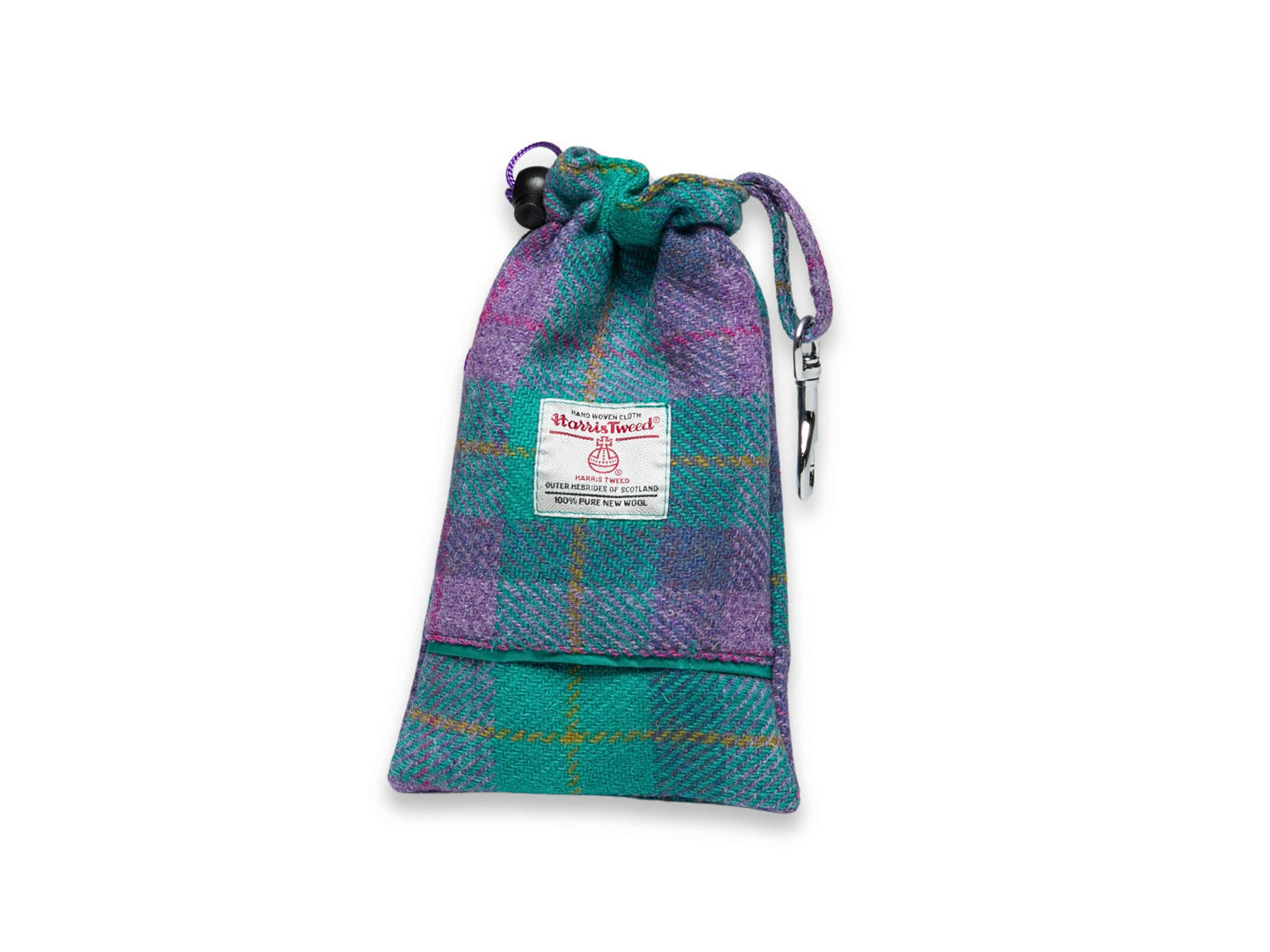 Teal and lilac check Harris Tweed dog treat bag with poop bag dispenser