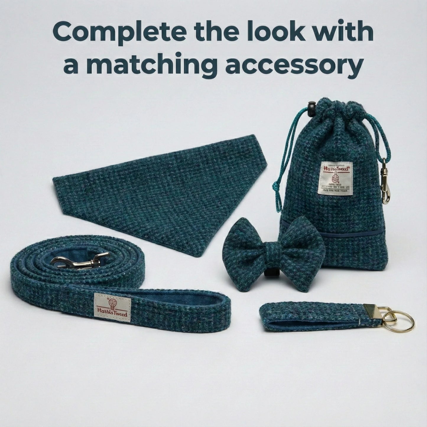 Teal pet accessory set including a bow tie, leash, and pouch on a light gray background.