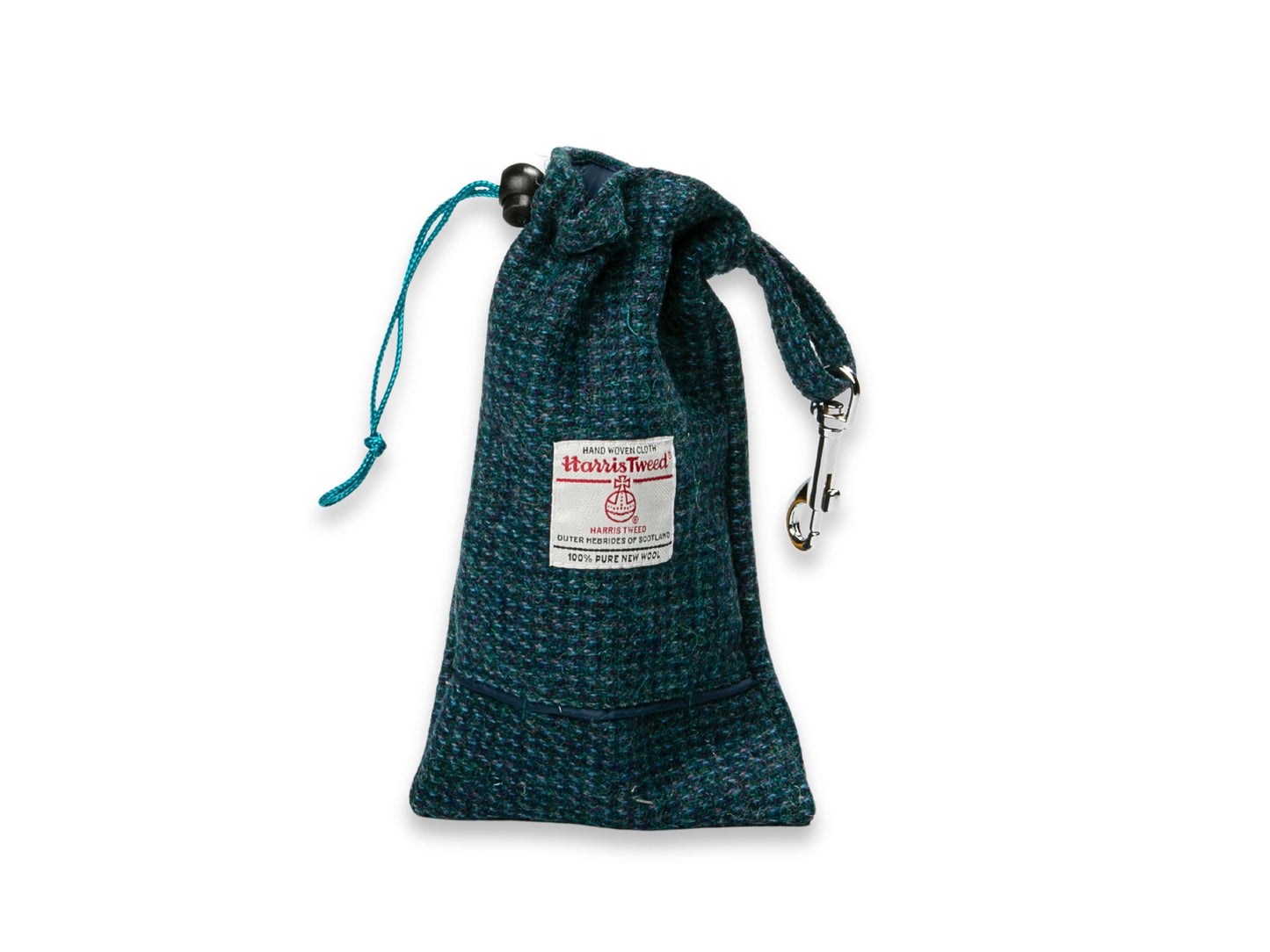 Teal and blue Harris Tweed dog treat bag with poop bag dispenser