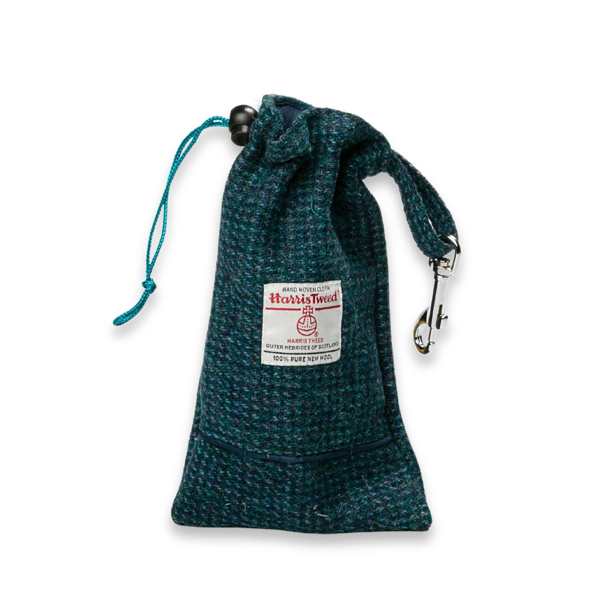 Teal and blue Harris Tweed dog treat bag with poop bag dispenser
