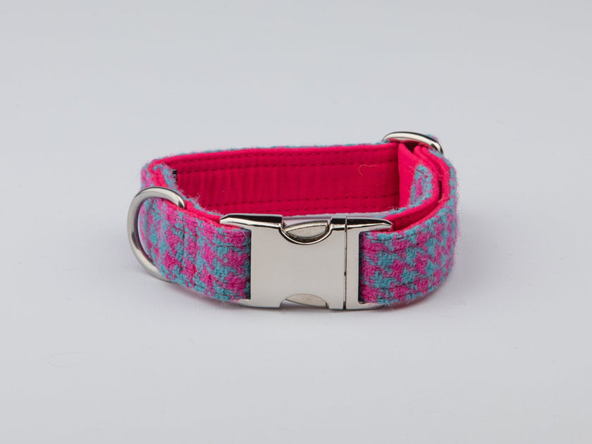 Turquoise and Pink Houndstooth Harris Tweed Dog Collar Collared