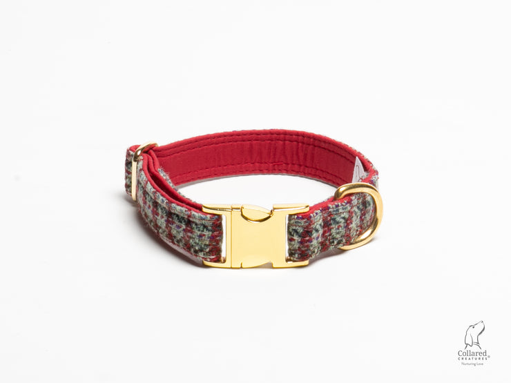 handmade-red-multicheck-harris-tweed-dog-collar|collaredcreatures