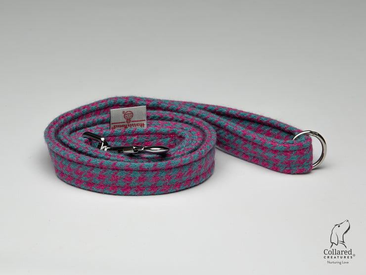 Collared Creatures Turquoise & Pink Houndstooth Harris Tweed Luxury Dog Lead