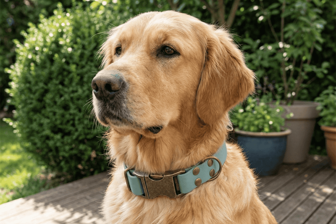 Golden Retriever sitting on garden decking wearing a teal Biothane dog collar with antique brass Alumax clasp