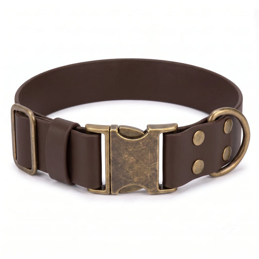 38 mm wide biothane dog collar with quick release clasp for large breeds on white background dark brown