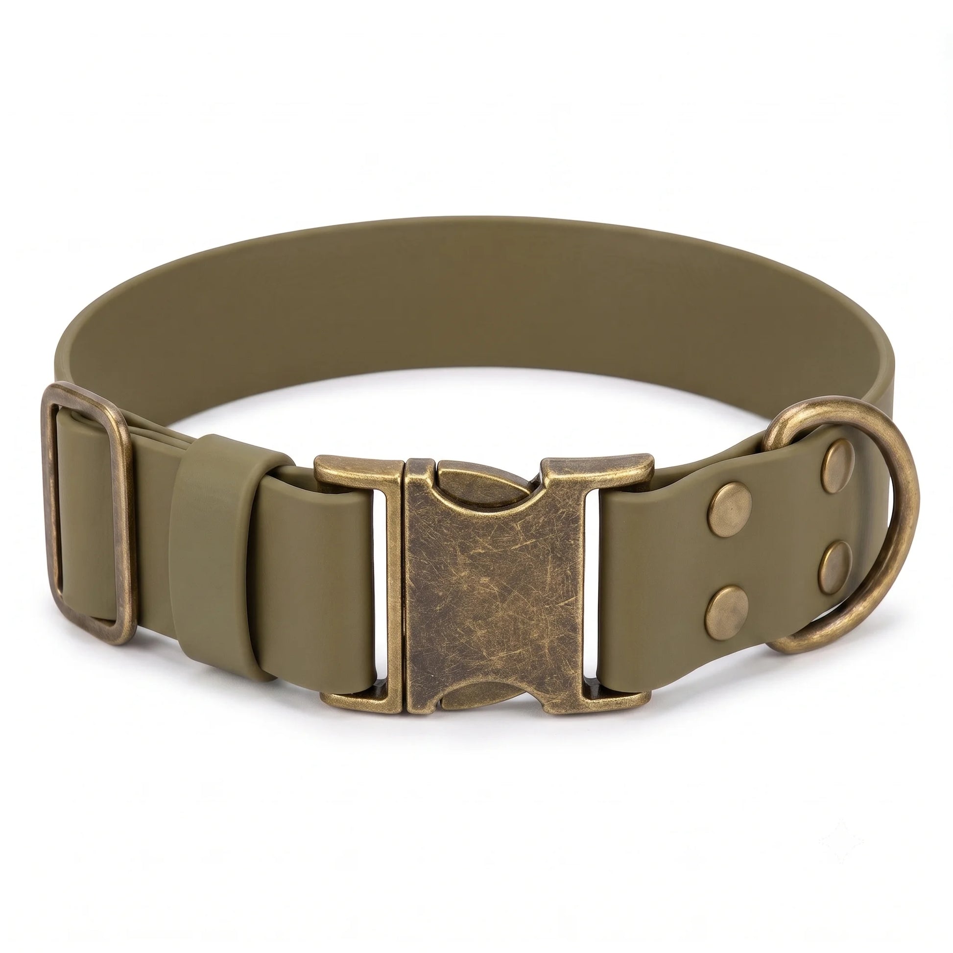 38 mm wide biothane dog collar with quick release clasp for large breeds on white background olive green