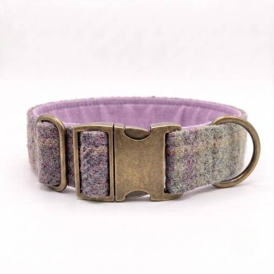 A purple and gray marled wool dog collar with an antique bronze buckle and D-ring, shown on a white background.