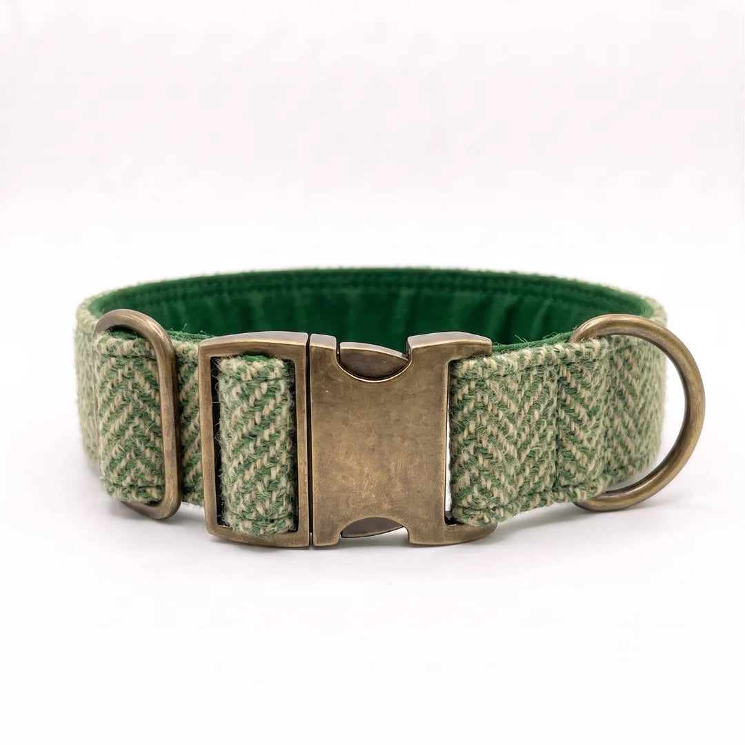 A green and beige herringbone patterned dog collar with a dark green cotton lining and an antique bronze metal buckle and rings, shown on a plain white background.