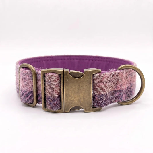 A purple and pink herringbone harris tweed dog collar with an antique bronze metal buckle and hardware, shown on a plain white background.