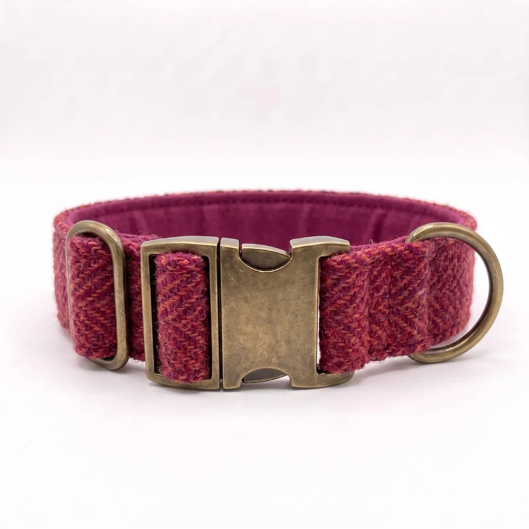 A textured burgundy herringbone tweed dog collar with an antique bronze metal buckle and D-ring, shown on a plain white background.