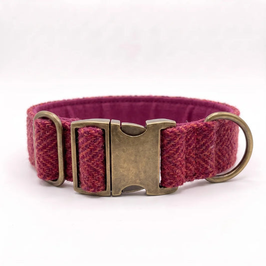 A textured burgundy herringbone tweed dog collar with an antique bronze metal buckle and D-ring, shown on a plain white background.