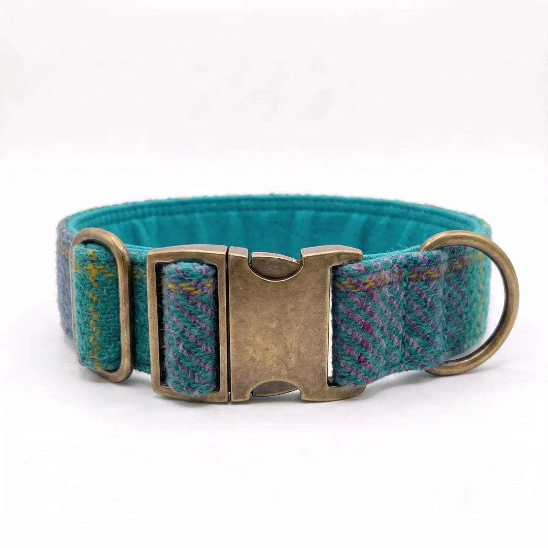 A teal and multicolor tweed dog collar with an antique bronze metal buckle and a brass ring, shown on a plain white background.