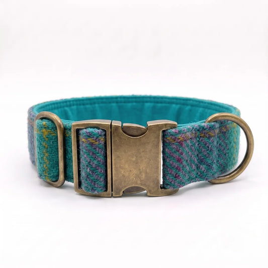 A teal and multicolor tweed dog collar with an antique bronze metal buckle and a brass ring, shown on a plain white background.
