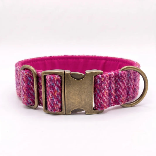A pink and purple speckled woven tweed dog collar with an antique bronze buckle and metal ring, shown on a white background.