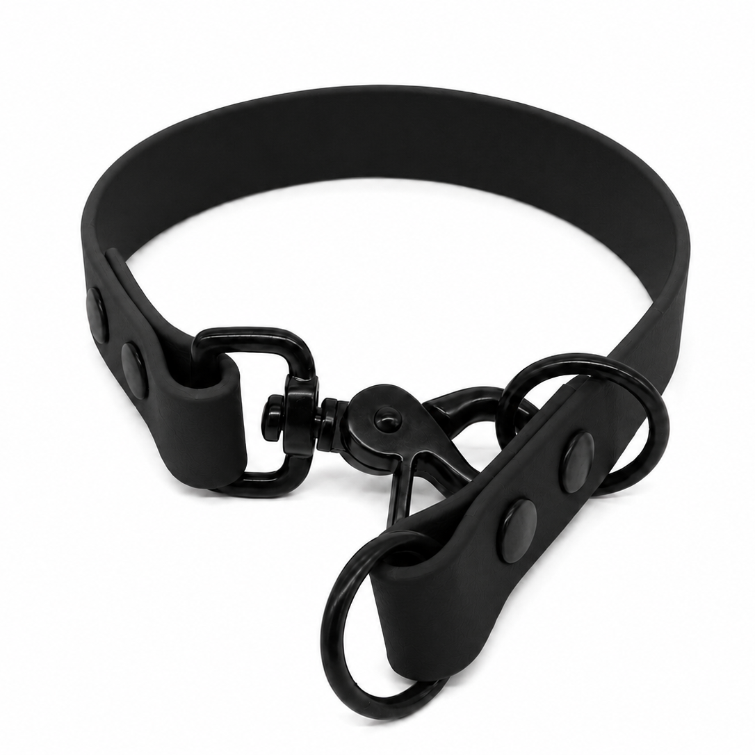 A matte black biothane collar with a matching black metal swivel snap closure and two attached black metal O-rings, shown on a plain white background.