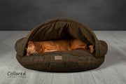 Green Tweed Luxury Dog Cave Bed with removable Firm hood