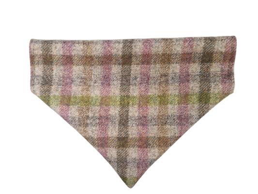 A triangular pet bandana with a classic plaid pattern in muted shades of brown, pink, green, and beige, displayed flat against a solid white background.