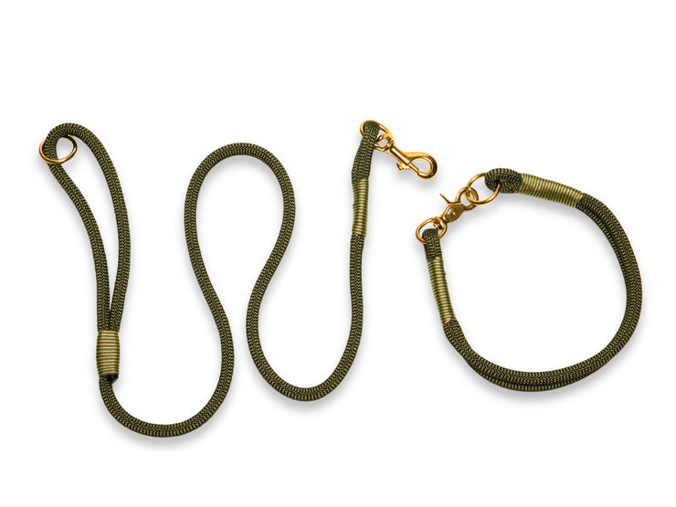 Army Green Handmade Rope Dog Collar with Whipping. Stylish & Durable Bespoke Green Rope Dog Collar Handmade by Collared Creatures in the UK.