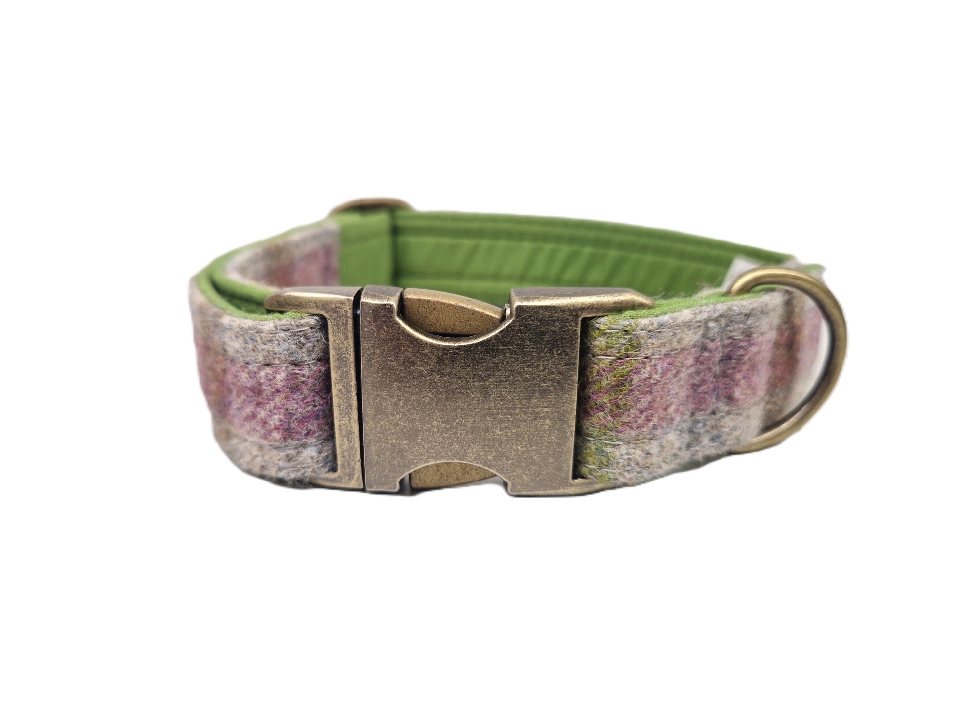 A dog collar featuring a textured, heathered fabric in shades of green, pink, and gray, with a solid olive green inner lining and an antique bronze metal buckle and ring.