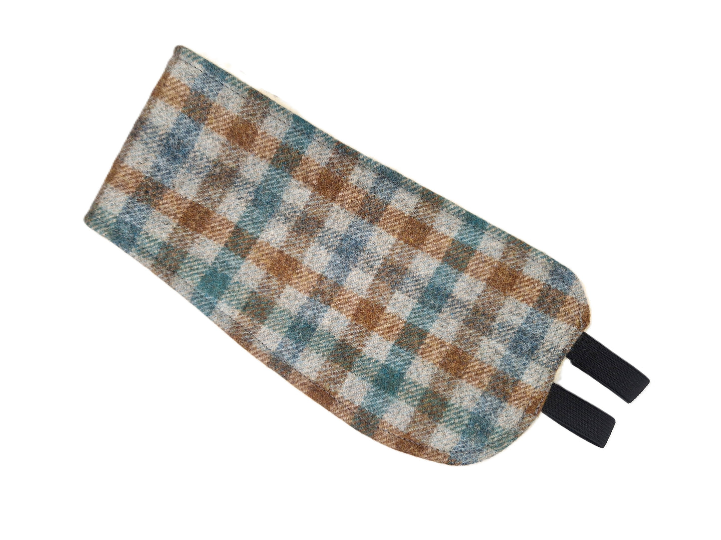 A plaid wool-like pouch or sleeve in blue, brown, beige, and white, with two black tabs at one end, shown on a plain white background.
