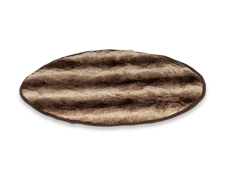 Removable reversible faux fur cushion insert from the Beige Deluxe Cocoon Dog Bed by Collared Creatures