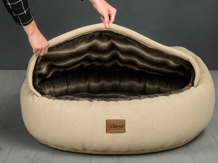 Close-up of the structured hood on the Beige Deluxe Cocoon Dog Bed by Collared Creatures