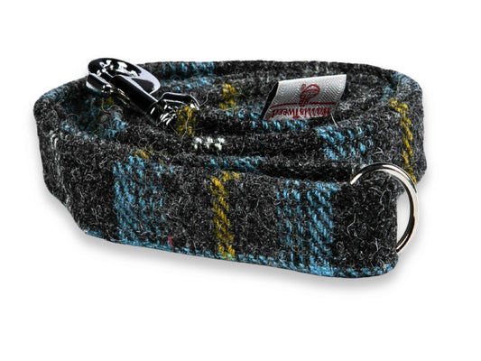Collared Creatures Grey & Blue Check Harris Tweed Luxury Dog Lead. High Quality Unique Design Harris Tweed Dog Lead. Stylish and Durable - Made in the UK.