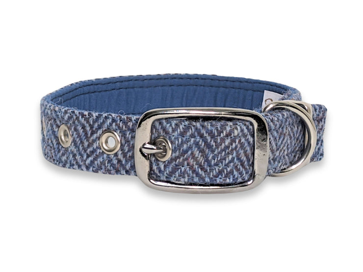 Blue and Grey Herringbone Luxury Harris Tweed Dog Collar by Collared Creatures - Luxury Handmade Tweed Buckle Dog Collar, Trendy Herringbone Pattern, Available in S/M/L/XL