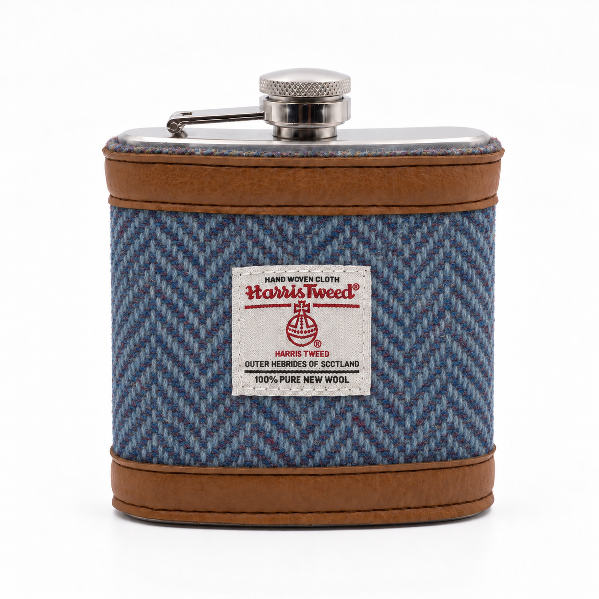 Blue Herringbone Harris Tweed Hip Flask Gift Set