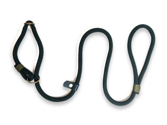 Bottle Green Handmade Rope Slip or Clip Dog Lead. Mae by Collared Creatures in the UK. Bespoke Customisable Green Dog Leash. Stylish & Durable.