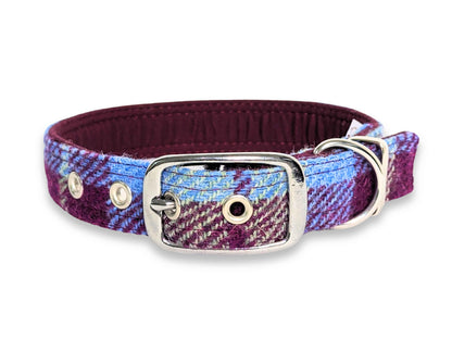 Burgundy and Blue Check Luxury Harris Tweed Dog Collar by Collared Creatures - Luxury Handmade Tweed Dog Collar with Buckle, Unique Burgundy and Blue Check Patten, Bespoke, Available in Multiple Sizes
