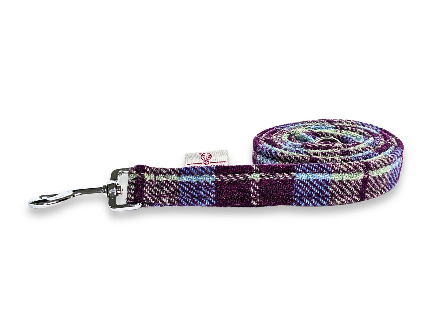 Burgundy and Blue Check Luxury Harris Tweed Dog Lead by Collared Creatures. Trendy Harris Dog Lead Hand Made in the UK. Machine Washable. Unique High Quality Dog Lead.