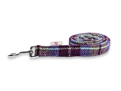 Burgundy and Blue Check Luxury Harris Tweed Dog Lead by Collared Creatures. Trendy Harris Dog Lead Hand Made in the UK. Machine Washable. Unique High Quality Dog Lead.
