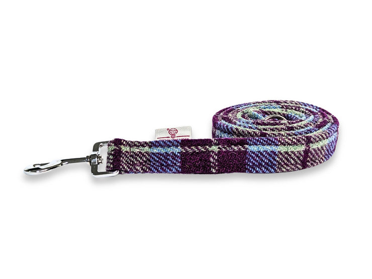 Burgundy and Blue Check Luxury Harris Tweed Dog Lead by Collared Creatures. Trendy Harris Dog Lead Hand Made in the UK. Machine Washable. Unique High Quality Dog Lead.