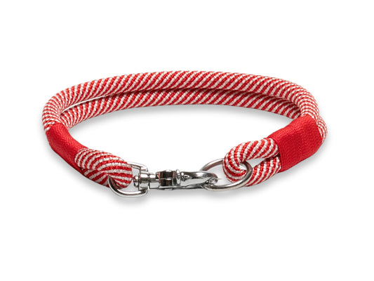 Candy cane striped rope dog collar, lightweight 8 mm PPM cord with brass hardware, custom whipping, durable pet accessory