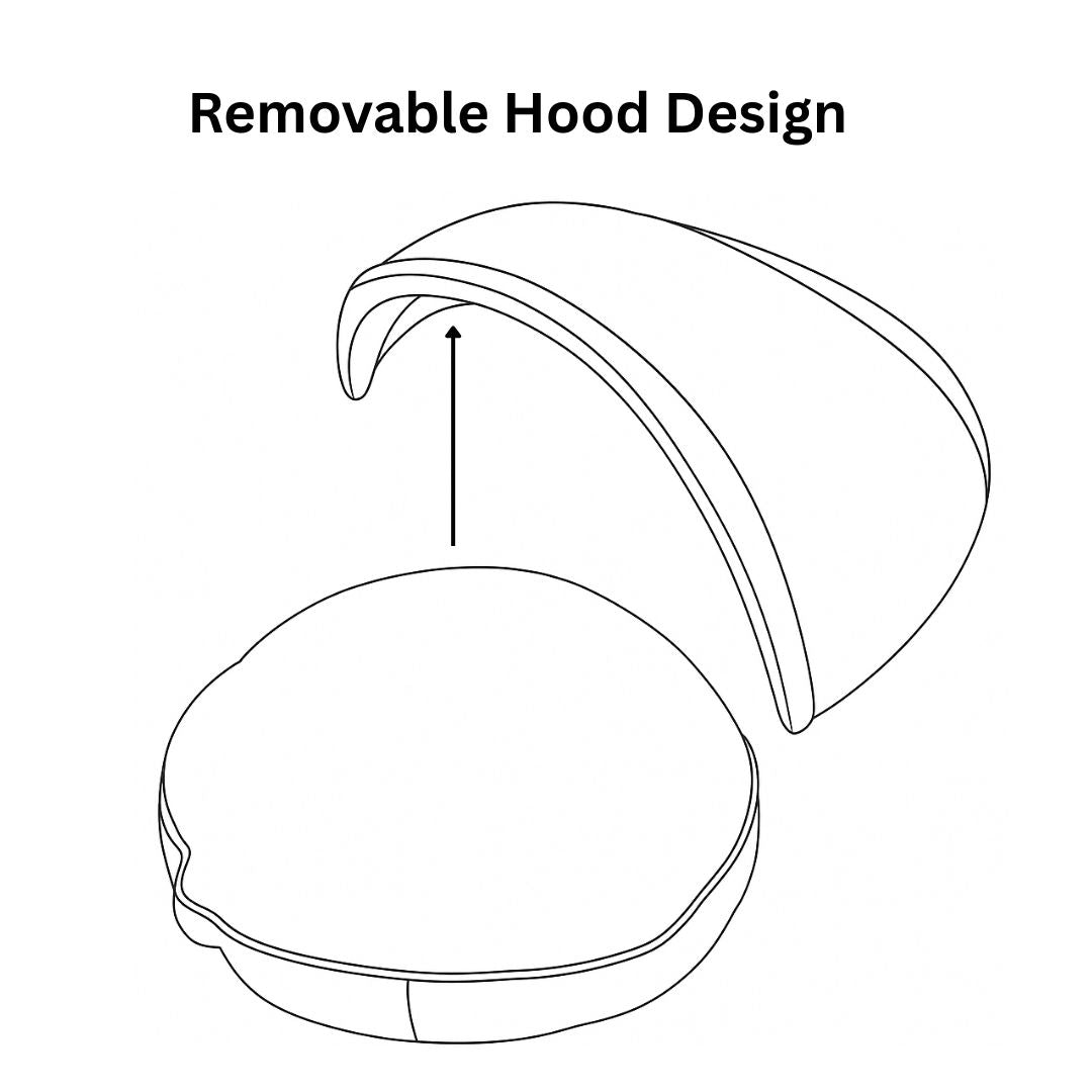 Dog cave bed with removable hood shown on a white background. The hood is hovering above the bed to demonstrate how it zips on and off.