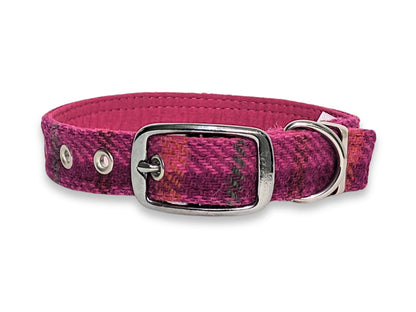 Pink Cerise Luxury Harris Tweed Dog Collar by Collared Creatures - Luxury Handmade Cerise Check Tweed Buckle Dog Collar, Unique Harris Tweed, Available in Multiple Sizes