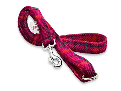 Cerise Check Luxury Harris Tweed Dog Lead by Collared Creatures. Hand Made in the UK. Colourful and Vibrant Harris Tweed Dog Lead.