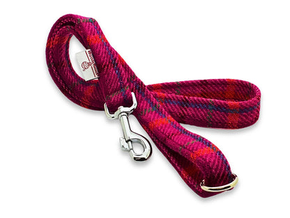 Cerise Checked Luxury Harris Tweed Dog Lead Hand Made by Collared Creatures in the UK. Vibrant and Colourful Pink Cerise Harris Tweed Dog Lead. Pair With a Matching Harris Tweed Dog Collar.
