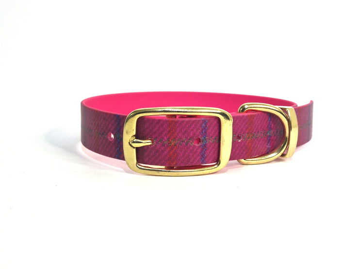 Cerise Check Tweed Printed Waterproof Biothane Dog Collar Handmade in Yorkshire