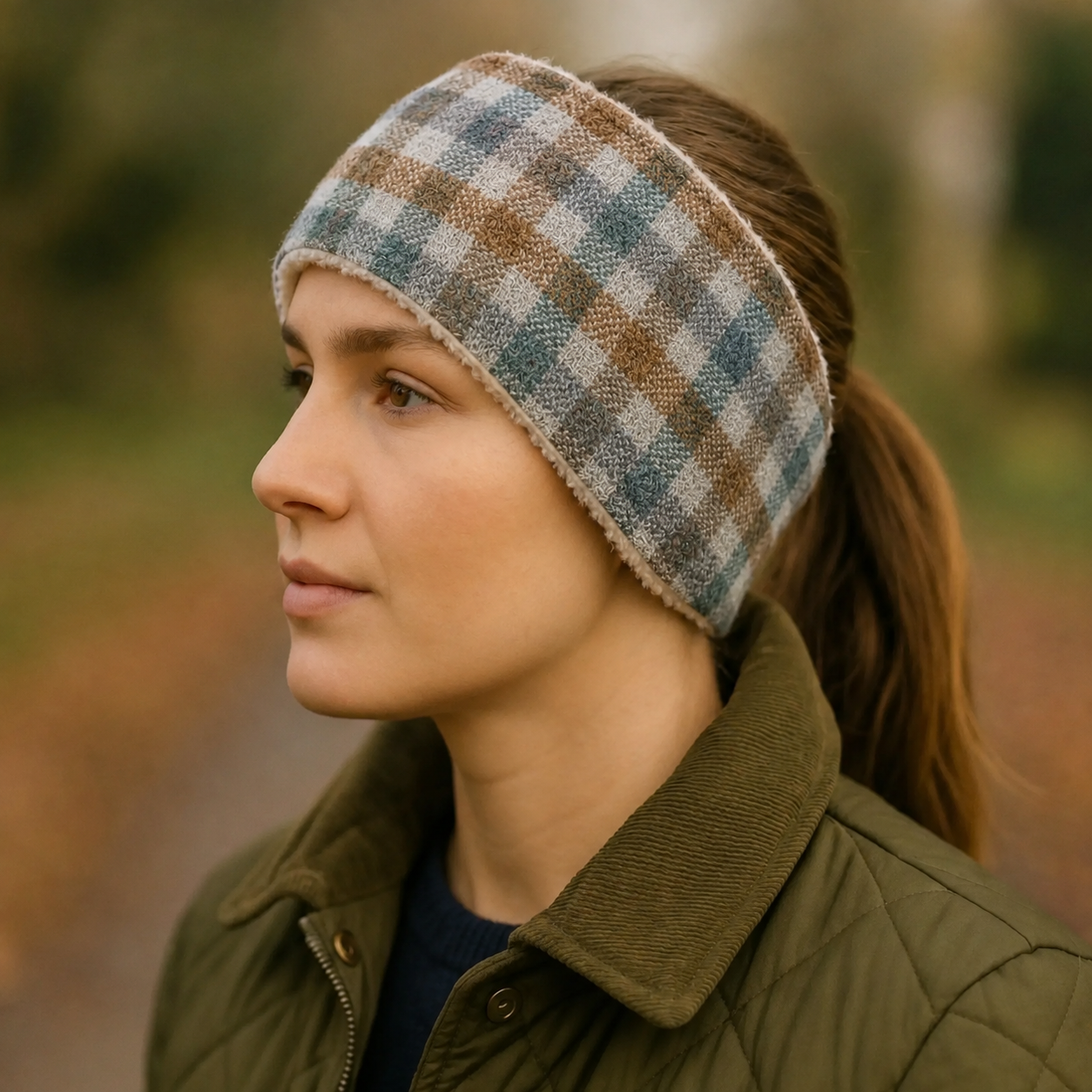A woman in profile wearing a thick, soft knit headband with a brown, beige, and muted blue plaid pattern, paired with an olive green quilted jacket against a blurred outdoor background.