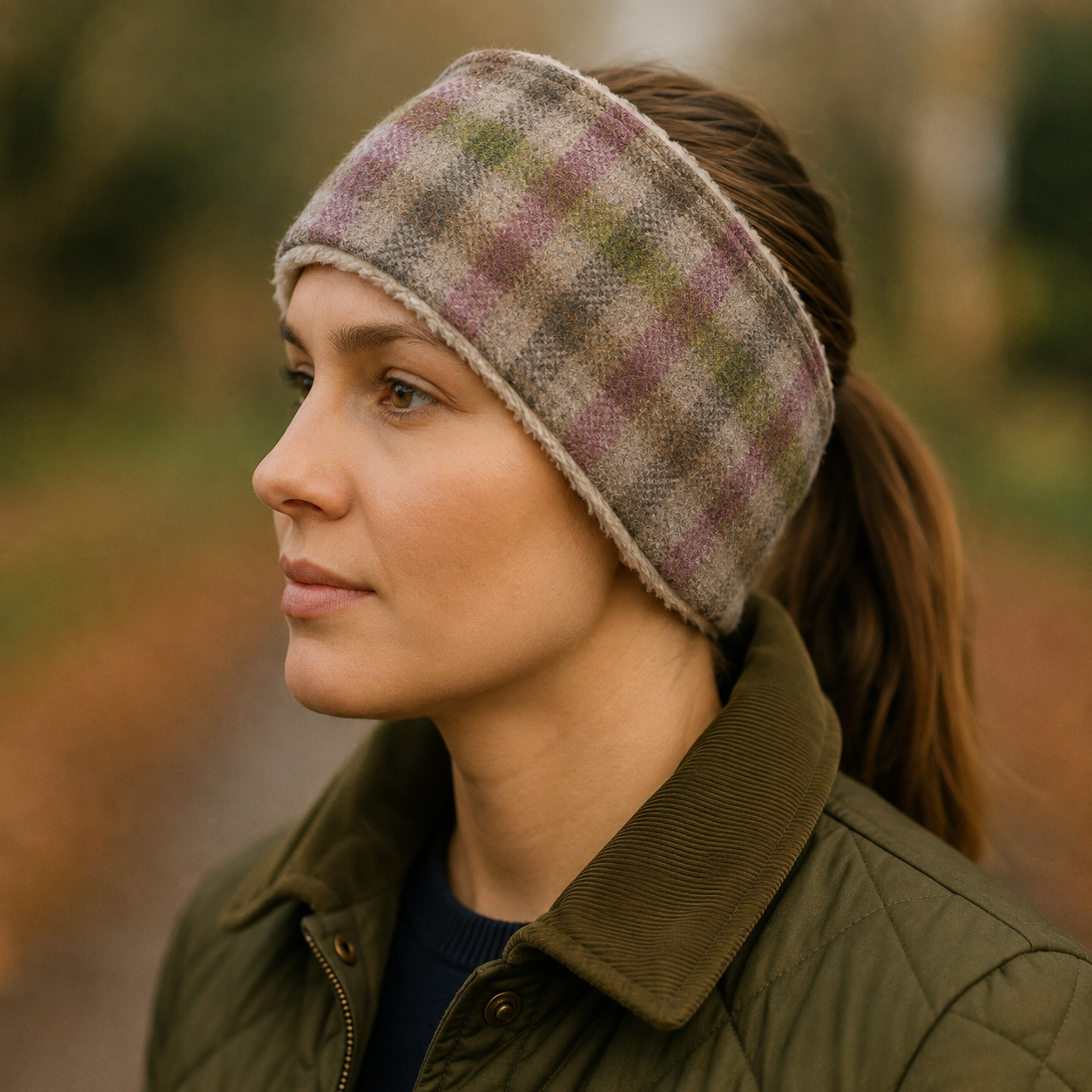 A woman in profile wearing a thick, soft knit headband with a muted plaid pattern in beige, purple, and green, paired with an olive green jacket in an outdoor setting.