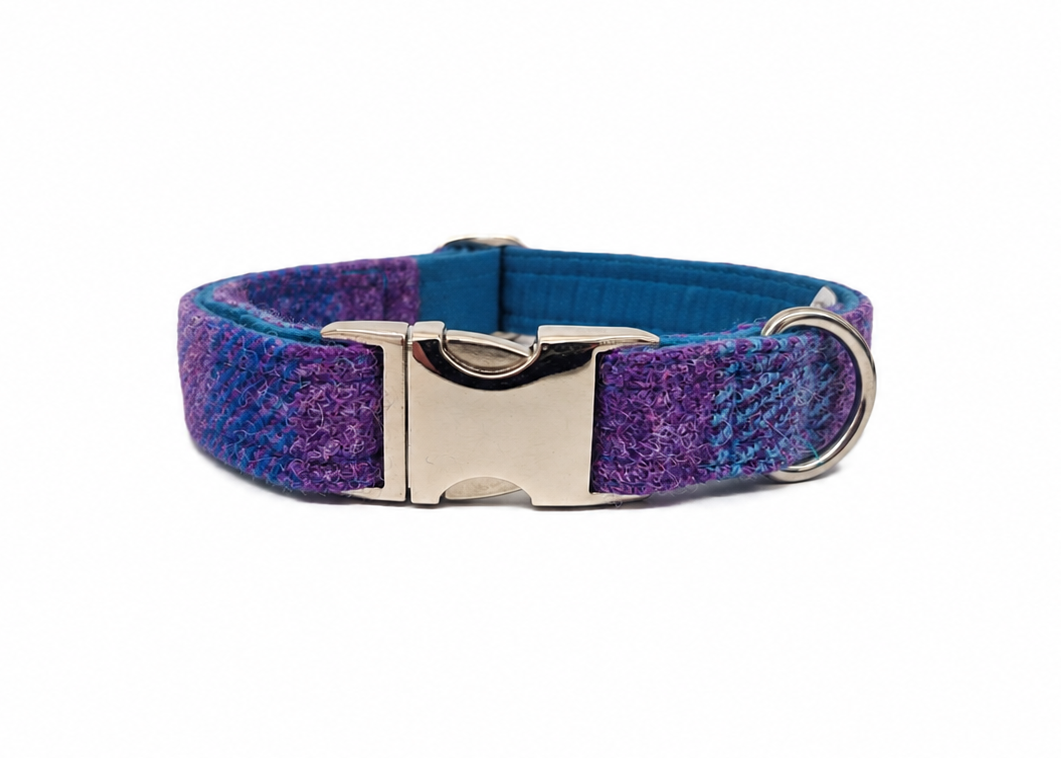Turquoise & Amethyst check Harris Tweed Luxury Dog collar